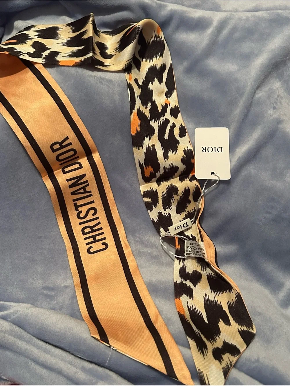 CD Leopard Print Silk Twilly in Black, Cream & Orange Accents